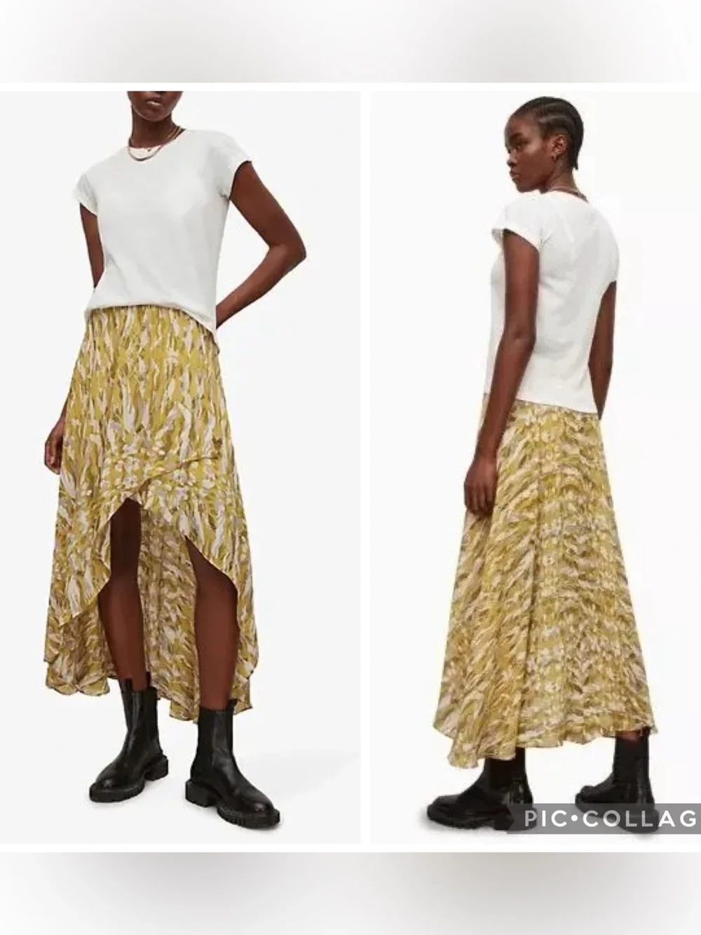 AllSaints Slvina Oniyuri Yellow Multi Camo Print Asymmetric Maxi Skirt Size 8